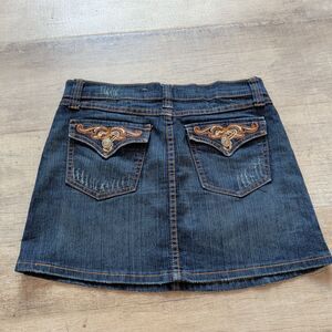 ​Salsa Jeans Y2K Denim Mini Skirt Dark Wash Embroidered Flap Pockets Size 7/8